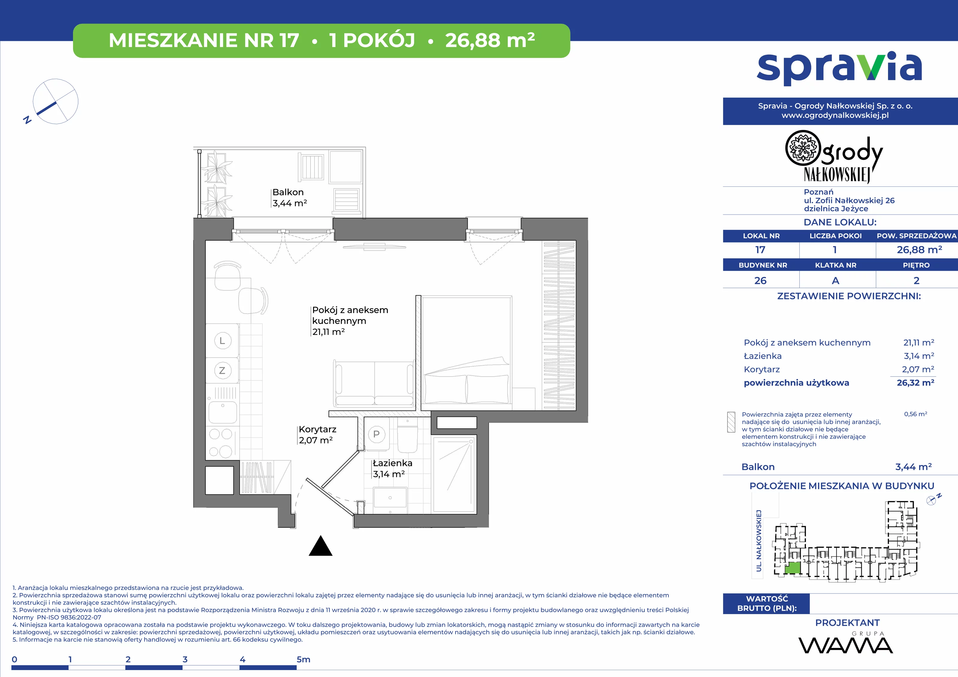 1 pokój, mieszkanie 26,88 m², piętro 2, oferta nr 26-17, Ogrody Nałkowskiej, Poznań, Ogrody, ul. Nałkowskiej 24, 26